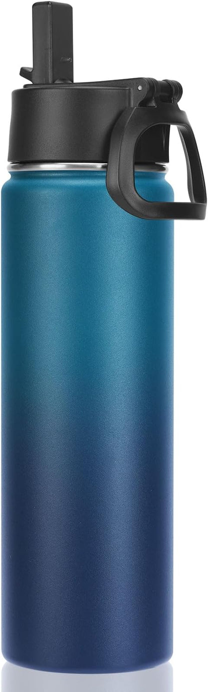 Neihepal 22 oz Insulated Water Bottle with Straw Lid, Double Walled Vacuum Stainless Steel Water Bottles Leak Proof, Wide Mouth (Dark Night,1 Pack)