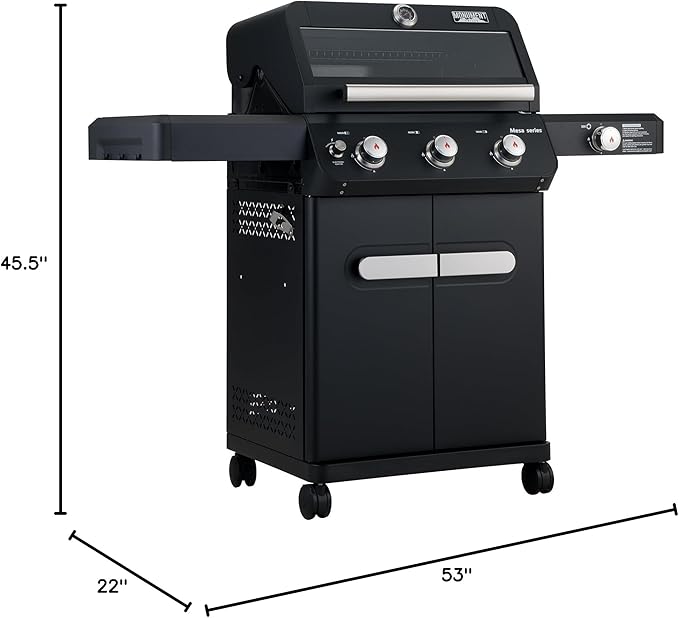 Monument Grills Outdoor Barbecue Stainless Steel 3 Burner Propane Gas Grill, 48,000 BTU Patio Garden Grill with Side Burner and Knob Controls, Mesa325 with BBQ Cover