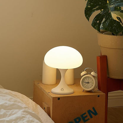 Mushroom Lamp, 5W LED Cordless Rechargeable Table Lamp with Glass Shade, Small Retro Dimmable Touch Light with 3 Color Temps, Aesthetic Mid Century Bedside Light for Bedroom Ambient, White