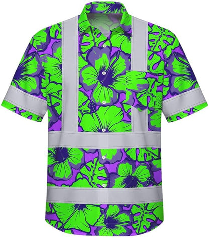 High Visibility Hawaiian Shirt for Men Tropical Shirts Custom Name Floral Outfit Reflective Safety Workwear
