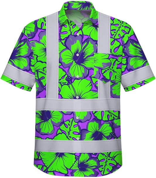High Visibility Hawaiian Shirt for Men Tropical Shirts Custom Name Floral Outfit Reflective Safety Workwear