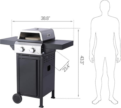 2-Burner Propane Gas BBQ Grill, Pizza Box, 24600BTU Output With Wire Enamel Cooking Grids For Outdoor Barbecue, Foldable Side Table, Hanging Basket, Stainless Steel