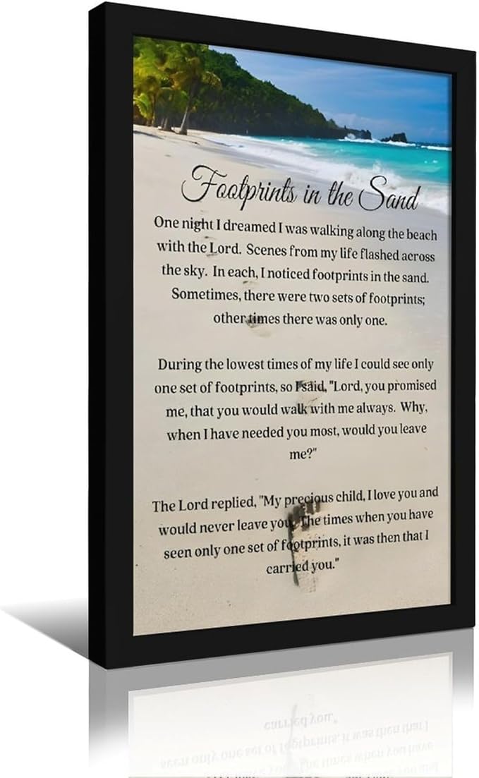 Footprints in the Sand Religious Canvas Wall Art Posters, Inspirational Beach Sunset Poem Print Poster (Black Framed 20x30inch, Footprints(4))