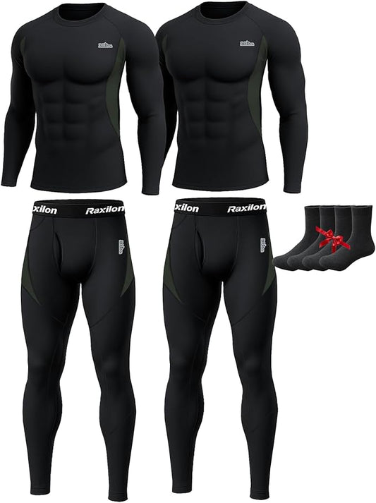 2 Pack Thermal Underwear Long Johns for Men Fleece Lined Base Layer Tops and Bottoms Set Cold Weather Winter Gear