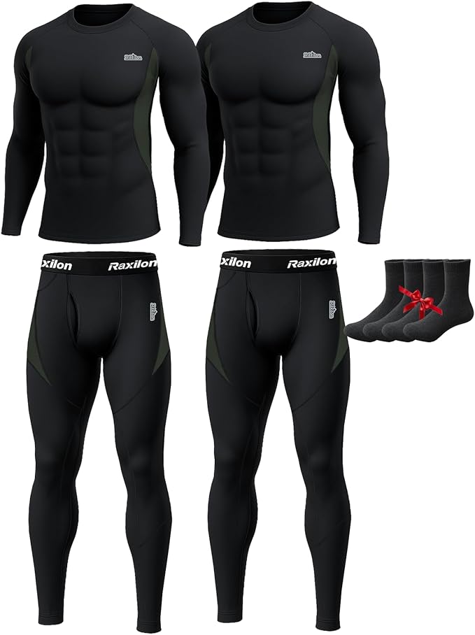 2 Pack Thermal Underwear Long Johns for Men Fleece Lined Base Layer Tops and Bottoms Set Cold Weather Winter Gear