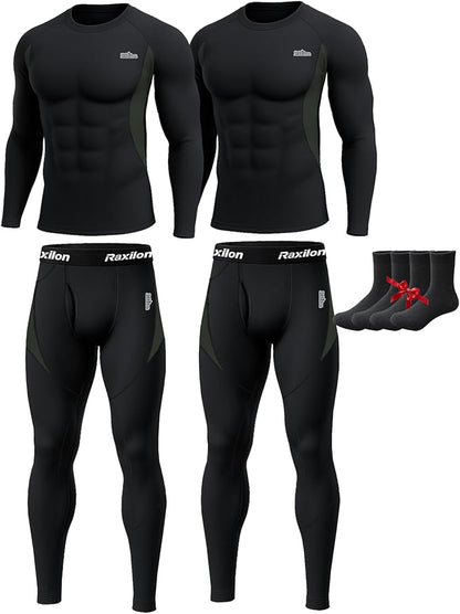 2 Pack Thermal Underwear Long Johns for Men Fleece Lined Base Layer Tops and Bottoms Set Cold Weather Winter Gear