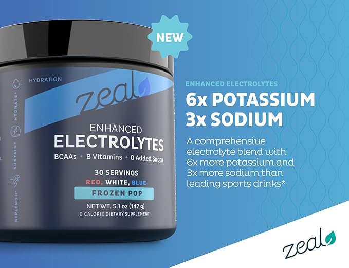 Zeal Electrolyte Powder - 90 Servings | Keto Electrolytes Powder | Zero Sugar, BCAAs, B-Vitamins | Potassium, Zinc, Magnesium | Hydration Powder Recovery Drink | Red White Blue Frozen Pop