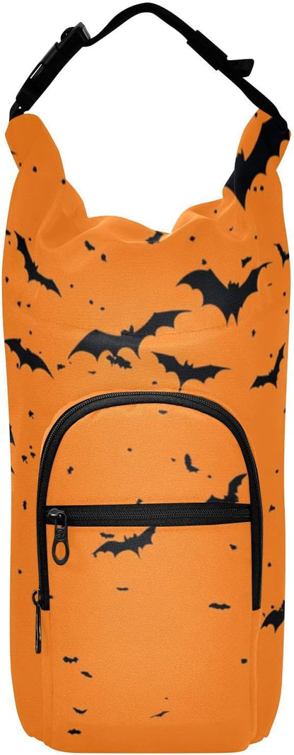 Halloween Black Bats Orange Water Bottle Holder with Strap Insulated Water Bottle Carrier Crossbody Bags Pouch with Phone Pocket for Travel Gym Hiking Walking Running