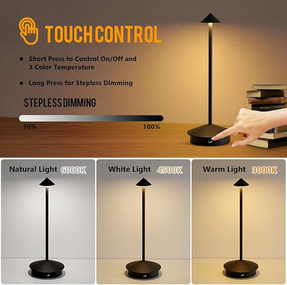 Cordless Table Lamp, 5000mAh Rechargeable Battery Powered LED Desk Lamp, Portable Touch Control Outdoor Table Lamps,3 Color Dimmable Light for Restaurant, Patio, Bedroom, Night Lamp (Black)
