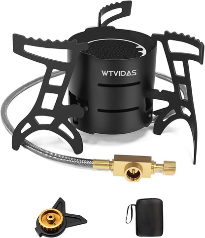 Camping Stove 3000W Portable Backpacking Stove with Piezo Ignition, Fuel Canister Adapter Windproof Gas Stove for Camping Hiking Outdoor Cooking