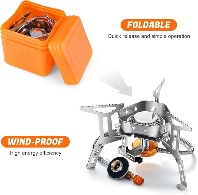 Odoland 3500W/6800W Windproof Camp Stove Camping Gas Stove with Fuel Canister Adapter, Piezo Ignition, Carry Case, Portable Collapsible Stove Burner for Outdoor Backpacking Hiking and Picnic