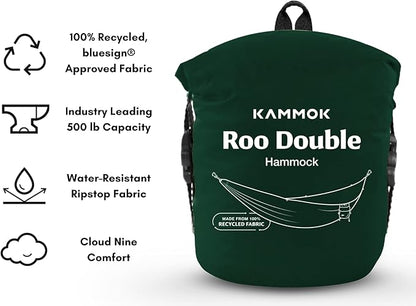 KAMMOK: Roo Double Hammock | Made from Strong & 100% Recycled Water Resistant Ripstop Fabric | Comfortable, Packable, Lightweight (Lifetime Adventure Grade Warranty), Pine Green