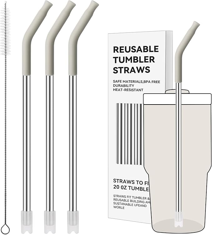 Reusable Metal Straws with Silicone Tip for Stanley 20oz,Stainless Steel Drinking Straws for 20oz Tumbler,3 Straight Tubes & 6 Tips& 1 Cleanr Brush(Cream)