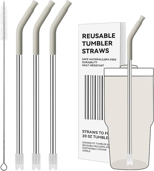 Reusable Metal Straws with Silicone Tip for Stanley 20oz,Stainless Steel Drinking Straws for 20oz Tumbler,3 Straight Tubes & 6 Tips& 1 Cleanr Brush(Cream)
