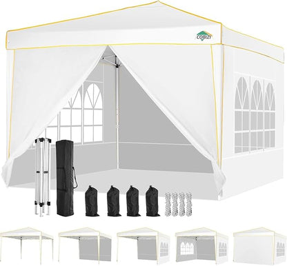 COBIZI 10x10 Pop up Canopy, Canopy Tent 10x10 Gazebos, Ez up Canopy for Parties Outdoor Camping Party Event Shelter Sun Shade with 4 Sidewalls & Carry Bag 4 Stakes & Ropes & Sandbags, White