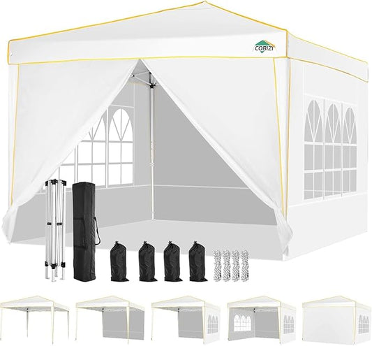 COBIZI 10x10 Pop up Canopy, Canopy Tent 10x10 Gazebos, Ez up Canopy for Parties Outdoor Camping Party Event Shelter Sun Shade with 4 Sidewalls & Carry Bag 4 Stakes & Ropes & Sandbags, White