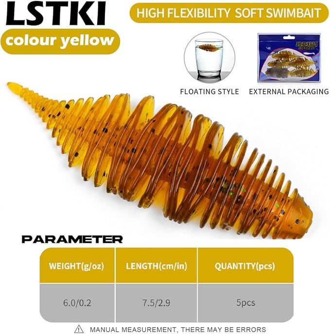 Soft Swimbait Lures, Soft Plastic Fishing Lures Kit, Bass Fishing Lure Swim Baits with 5 Color, Threaded Small Needle Tail for Trout, Crappie, Bass, Redfish, Freshwater, Saltwater