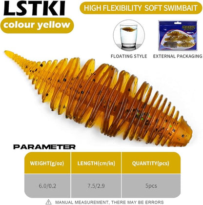 Soft Swimbait Lures, Soft Plastic Fishing Lures Kit, Bass Fishing Lure Swim Baits with 5 Color, Threaded Small Needle Tail for Trout, Crappie, Bass, Redfish, Freshwater, Saltwater