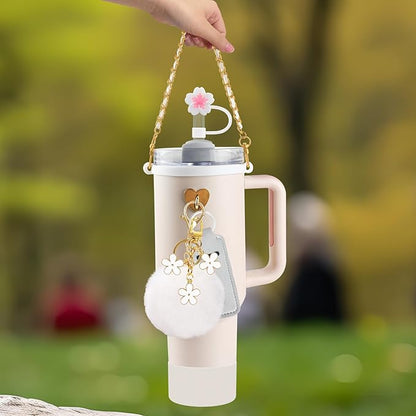 Velaco 11 PCS Accessories for Stanley Cup, Water Bottle Handle Strap for Stanley 30/40 oz tumbler with handle, including Straw Toppers, Silicone Cup Boot, Keychain Charms - White