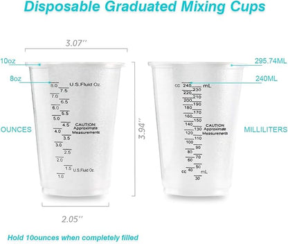XUXU 100pcs 8oz Graduated Clear Plastic Measuring Cups with 100pcs Wooden Stirring Sticks for Mixing Paint, Pigments, Epoxy Resins, Resins