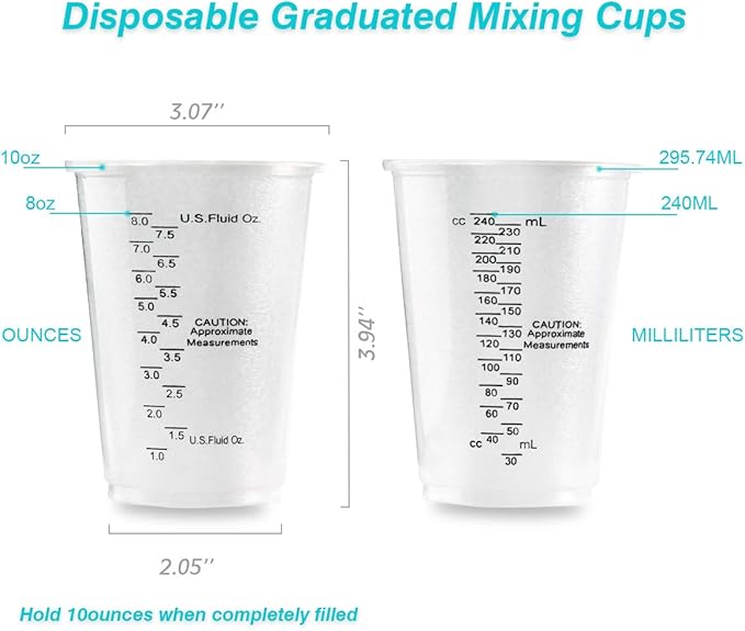 XUXU 50pcs 8oz Graduated Clear Plastic Measuring Cups with Wooden Stirring Sticks for Mixing Paint, Pigments, Epoxy Resins, Resins