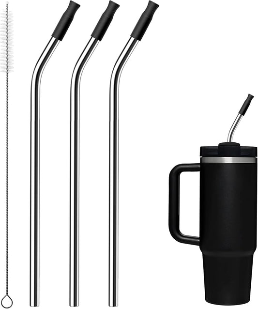 Reusable Stainless Steel Straws with Silicone Tip for Stanley 30oz, Metal Drinking Straws for 30oz Tumbler,3 Bent Tubes & 6 Tips& 1 Cleanr Brush (Black)