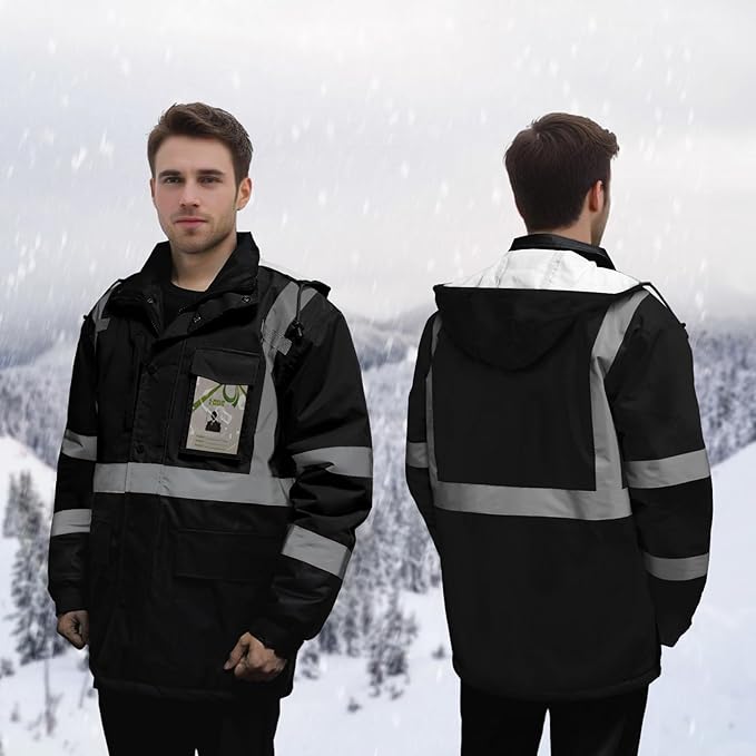 Reflective Jackets for Men, High Vis Safety Work Jacket with Pockets, Construction Coats for Cold Weather, Waterproof Rain Gear, Class 3, Black Long, L