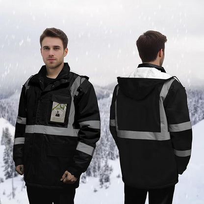Reflective Jackets for Men, High Vis Safety Work Jacket with Pockets, Construction Coats for Cold Weather, Waterproof Rain Gear, Class 3, Black Long, L