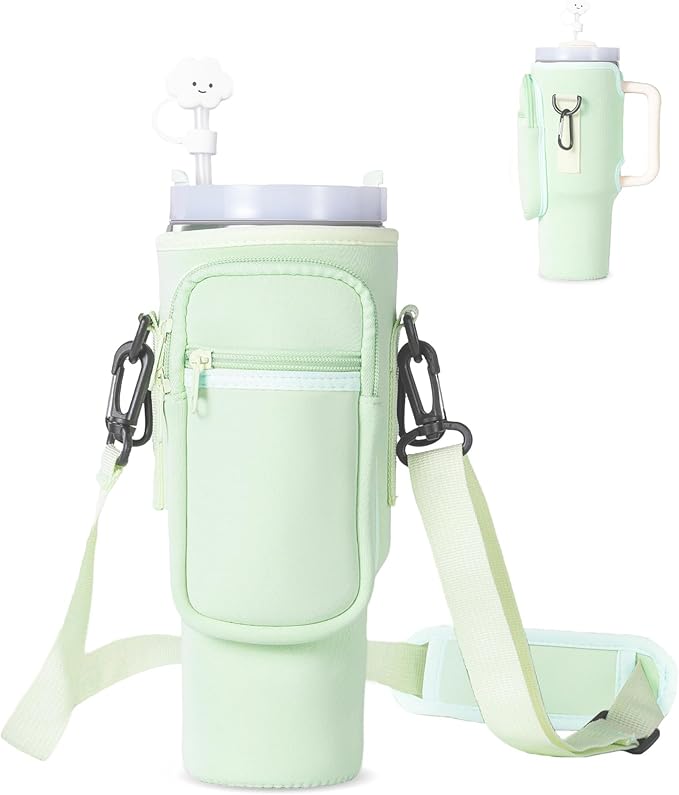 dabria Water Bottle Carrier Bag with Phone Pocket for Stanley 40/30 oz Tumbler Neoprene Water Bottle Holder Pouch with Adjustable Strap Bollus with Straw Cover & Carabiner for Stanley Cup Accessories