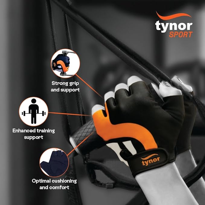 TYNOR Training Gym Gloves Padded Weight Lifting Gloves with Wrist Wrap Extra Grips Adjustable Full Palm Protection Fitness Fingerless Glove for Men & Women, Crossfit, Climbing,1 Pair