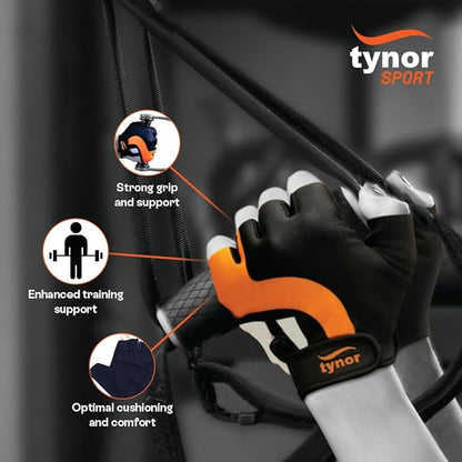 TYNOR Training Gym Gloves Padded Weight Lifting Gloves with Wrist Wrap Extra Grips Adjustable Full Palm Protection Fitness Fingerless Glove for Men & Women, Crossfit, Climbing,1 Pair