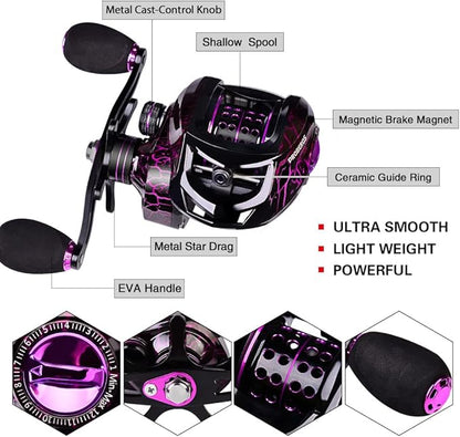 Fishing Rod and Reel Combo - 6.9ft Telescopic Spincast Rod with Left Handed Baitcasting Reel Combos - Sea Saltwater Freshwater Ice Bass Fishing Tackle Set - Fishing Rods Kit