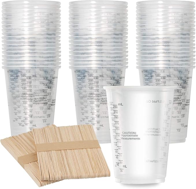 XUXU 100pcs 8oz Graduated Clear Plastic Measuring Cups with 100pcs Wooden Stirring Sticks for Mixing Paint, Pigments, Epoxy Resins, Resins