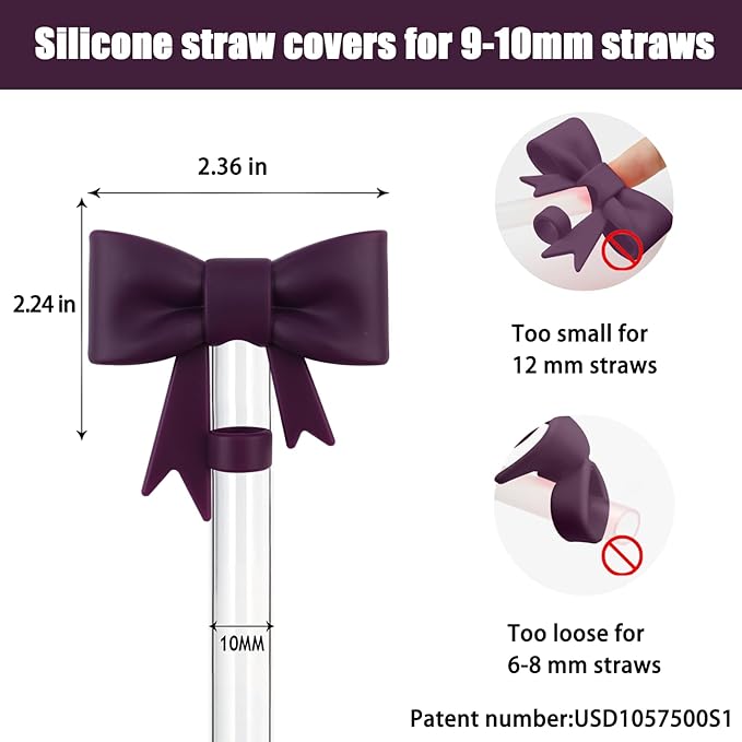 4Pcs Silicone Straw Toppers Covers for Stanley Cups 40/30oz 10mm(0.4in) Dust-Proof Bow Straw Covers Toppers Suitbale for Stanley Cup Accessories Reusable Straws Caps (Dark Purple)