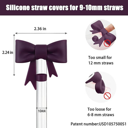 4Pcs Silicone Straw Toppers Covers for Stanley Cups 40/30oz 10mm(0.4in) Dust-Proof Bow Straw Covers Toppers Suitbale for Stanley Cup Accessories Reusable Straws Caps (Dark Purple)