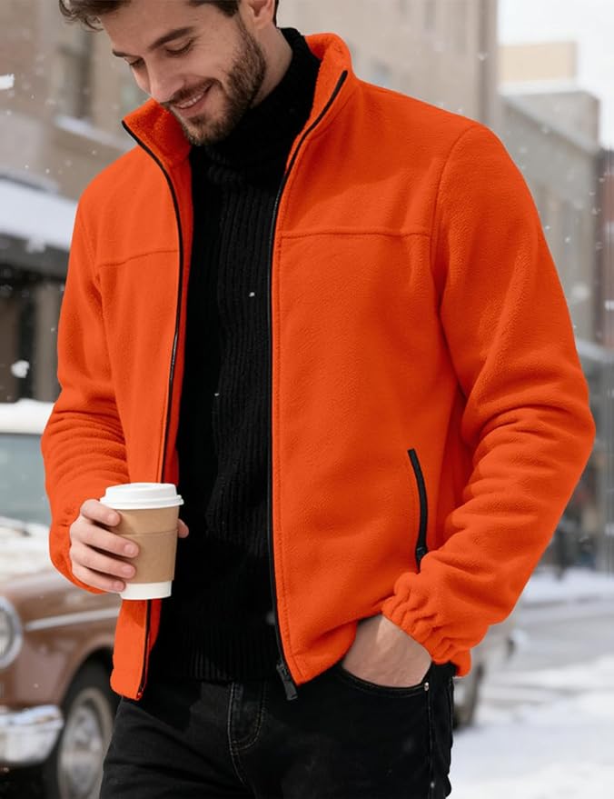 Mens Polar Fleece Jacket Full Zip Lightweight Casual Outdoor Jackets Stand Collar Warm Coats with Pockets