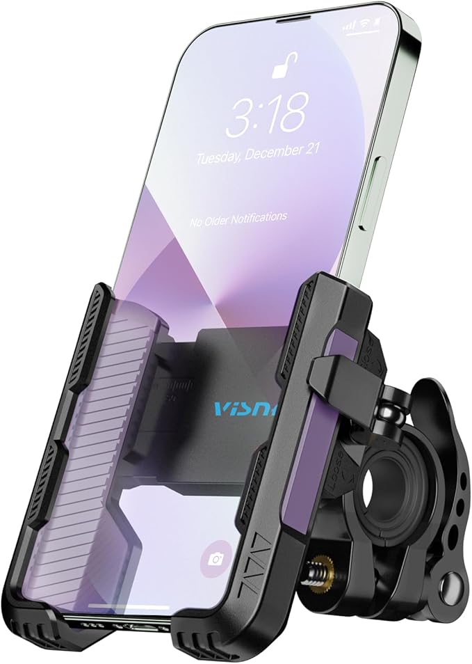 New Upgraded Bike Phone Mount Holder Two Connectors Quickly Lock and Release,360°Rotatable Bicycle Motorcycle Scooter Accessories Handlebar Phone Clip Suitable for 4.0"-7.0" Smartphone (Purple)