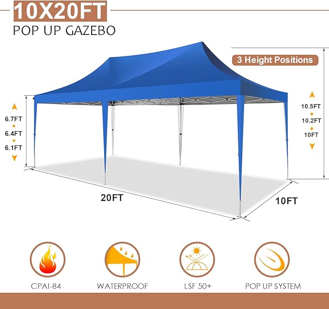 COBIZI 10x20 Pop Up Canopy Tent with Sidewalls,Party Tent Outdoor Gazebos, Waterproof & UV50+,3 Adjustable Heights,Higher Frame Design - Extra Tall for Parties Backyard,Weddings,Markets, Blue