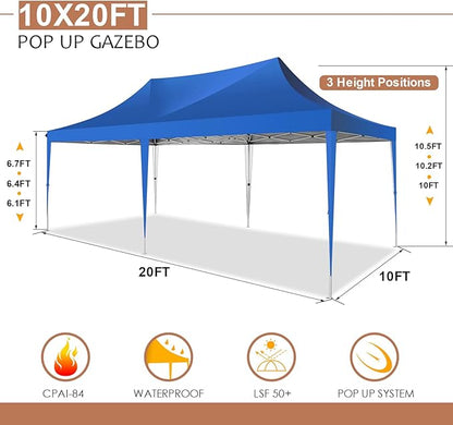 COBIZI 10x20 Pop Up Canopy Tent with Sidewalls,Party Tent Outdoor Gazebos, Waterproof & UV50+,3 Adjustable Heights,Higher Frame Design - Extra Tall for Parties Backyard,Weddings,Markets, Blue