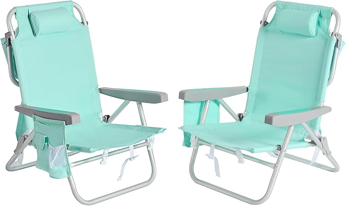 SUNNYFEEL Beach Chairs for Adults 2 Pack 5 Position Lay Flat, Portable Folding Backpack Beach Chair Heavy Duty with Cooler Bag, Cup Holder for Outdoor/Lawn/Picnic/Sand, Foldable Camping Chair