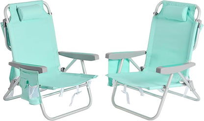 SUNNYFEEL Beach Chairs for Adults 2 Pack 5 Position Lay Flat, Portable Folding Backpack Beach Chair Heavy Duty with Cooler Bag, Cup Holder for Outdoor/Lawn/Picnic/Sand, Foldable Camping Chair
