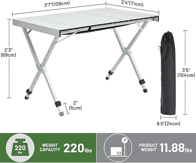 TIMBER RIDGE Folding Camping Table Adjustable Height, 4-6 Person Lightweight Aluminum Roll-up Table for Camping Outdoor Picnic BBQ Backyard Party Support 220 lbs, Silvery