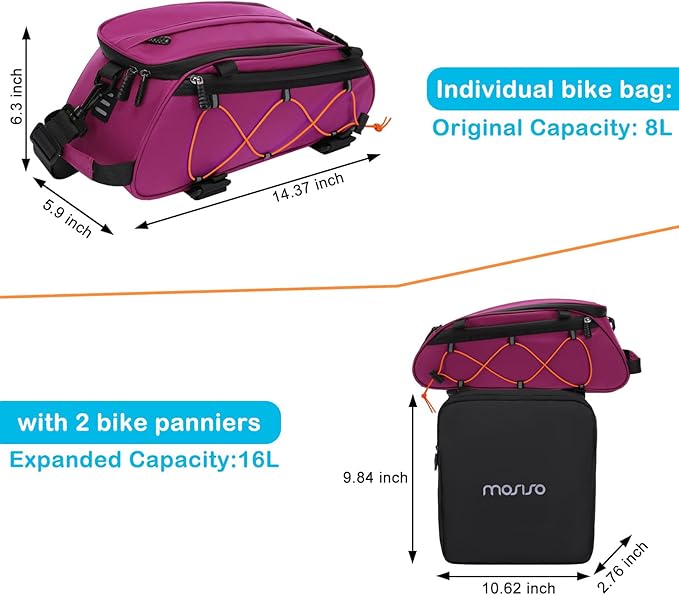 MOSISO Bike Rack Bag with 2 Removable Panniers, Waterproof Bike Trunk Cooler Storage Handbag Insulated Bicycle Rear Seat Pouch, Bicycle Storage Saddle Shoulder Bag Cycling Luggage Pouch, Rose Red
