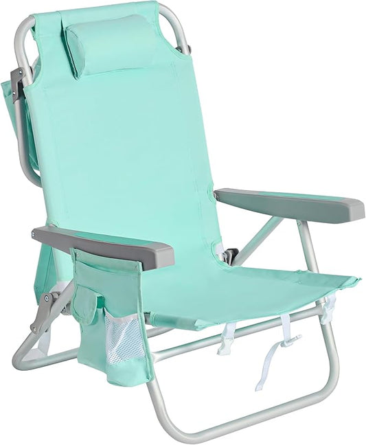 SUNNYFEEL Low Beach Chairs for Adults 5 Position Lay Flat, Portable Folding Backpack Beach Chair Heavy Duty with Cooler Bag, Cup Holder for Outdoor/Lawn/Picnic/Sand, Foldable Camping Chair