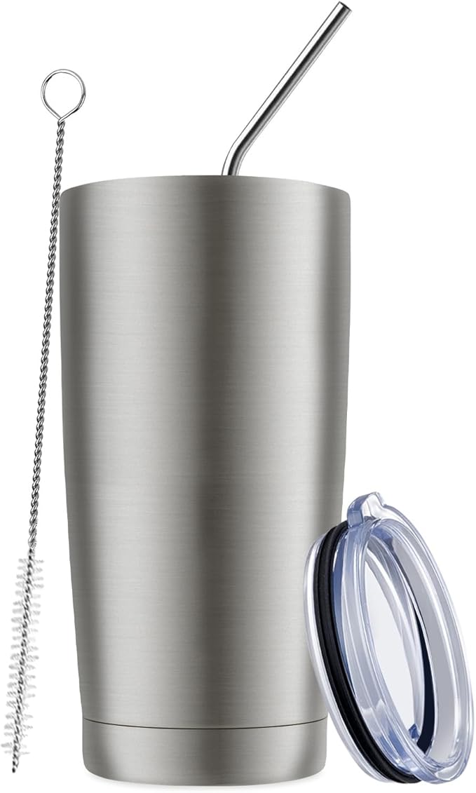 MEWAY 20oz Tumbler Cup Double Wall Vacuum Insulated Travel Mug Bulk, Stainless Steel Tumblers with Lid and Straw, Durable Powder Coated Coffee Cups for Cold & Hot Drinks (Silver, 1)