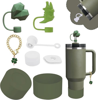 Stanley Cup Accessories Set,Including 2 Pcs 0.4in Straw Cover, 1 Silicone Spill-Proof Stopper Set of 3, 1 Cute Flower Handle Charm, 1 Silicone Boot Fits Stanley 40&30 Oz Tumbler (Dried Pine)