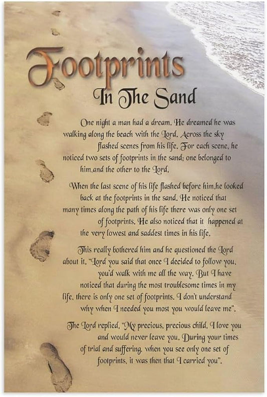 Footprints in the Sand Religious Canvas Wall Art Posters, Inspirational Beach Sunset Poem Print Poster (Unframed 20x30inch, Footprints(3))