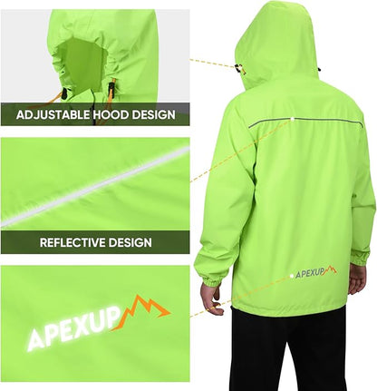 APEXUP Packable Rain Jacket Men with Reflective Zipper, Lightweight Waterproof Raincoat, Mens Rain Jacket for Outdoor Sports