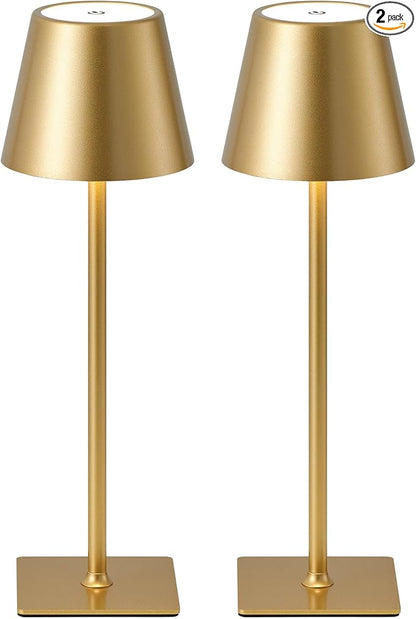 KDG 2 Pack Cordless Table Lamp, Portable LED Desk Lamps, 5000mAh Battery Operated, 3 Color Stepless Dimming Up, for Restaurant, Bedroom, Outdoor Camping, Coffee Shop, Night Light, Rechargeable (Gold)