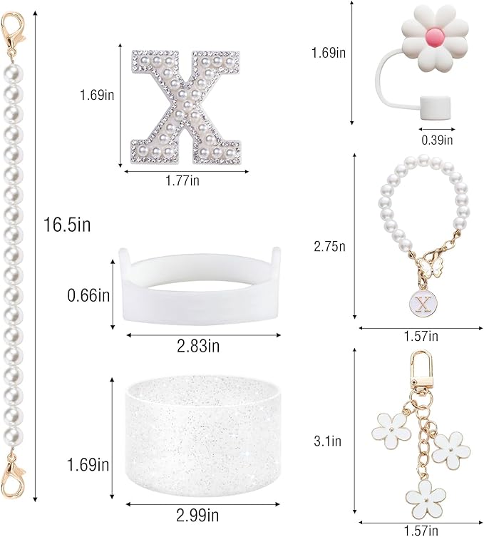 Cup Accessories Set for Stanley- Including Water Bottle Carrying Pearl Strap, Handle Letter Charms Sticker, Siliocne Cup Boot Straw Cover for Stanley Cup 40oz & 30oz Tumbler Accessory Kit X